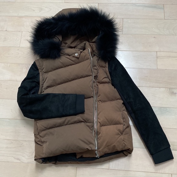 Maje leather sleeves raccoon fur hood warm removable sleeve down warm jacket 2 - Picture 3 of 15